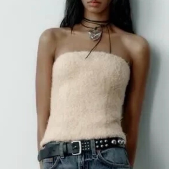 Zara Tops - Zara Strapless Tube Top M Beige Fuzzy Teddy Faux Fur Y2K Going Out Top